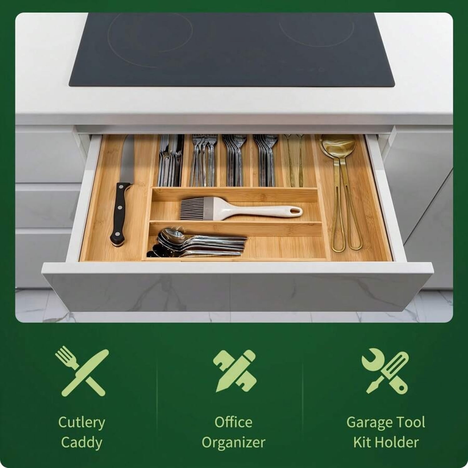 NTGFU Bamboo Expandable Drawer Organizer, 7-9 Slots Adjustable Kitchen Drawer Organizer for Large Cooking Utensils Cutlery, Kitchen Drawer Organization