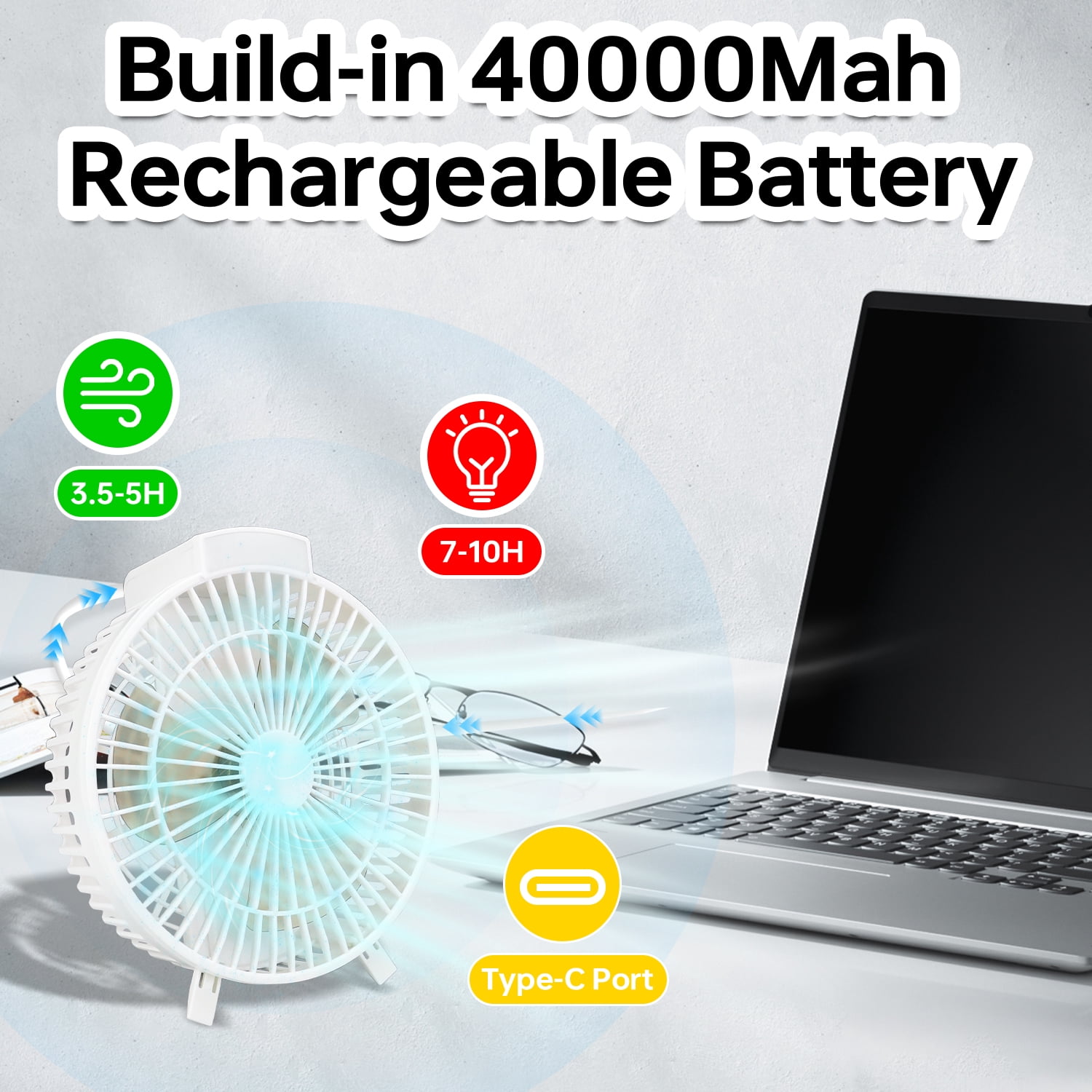 Portable Fan Rechargeable Usb Desk Fan With Light Hanging Hook Adjustable Height And Removable Head Folding Table Fan For Office Home Camping Travel
