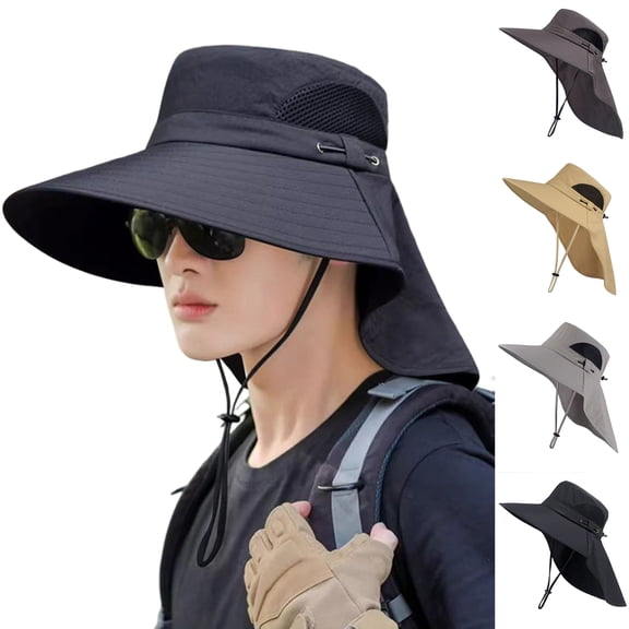 Men's Wide Brim Sun Hat with Neck Flap & Chin Strap - UPF 50 Breathable Mesh Outdoor Cap for Fishing, Hiking, Travel Khaki One Size