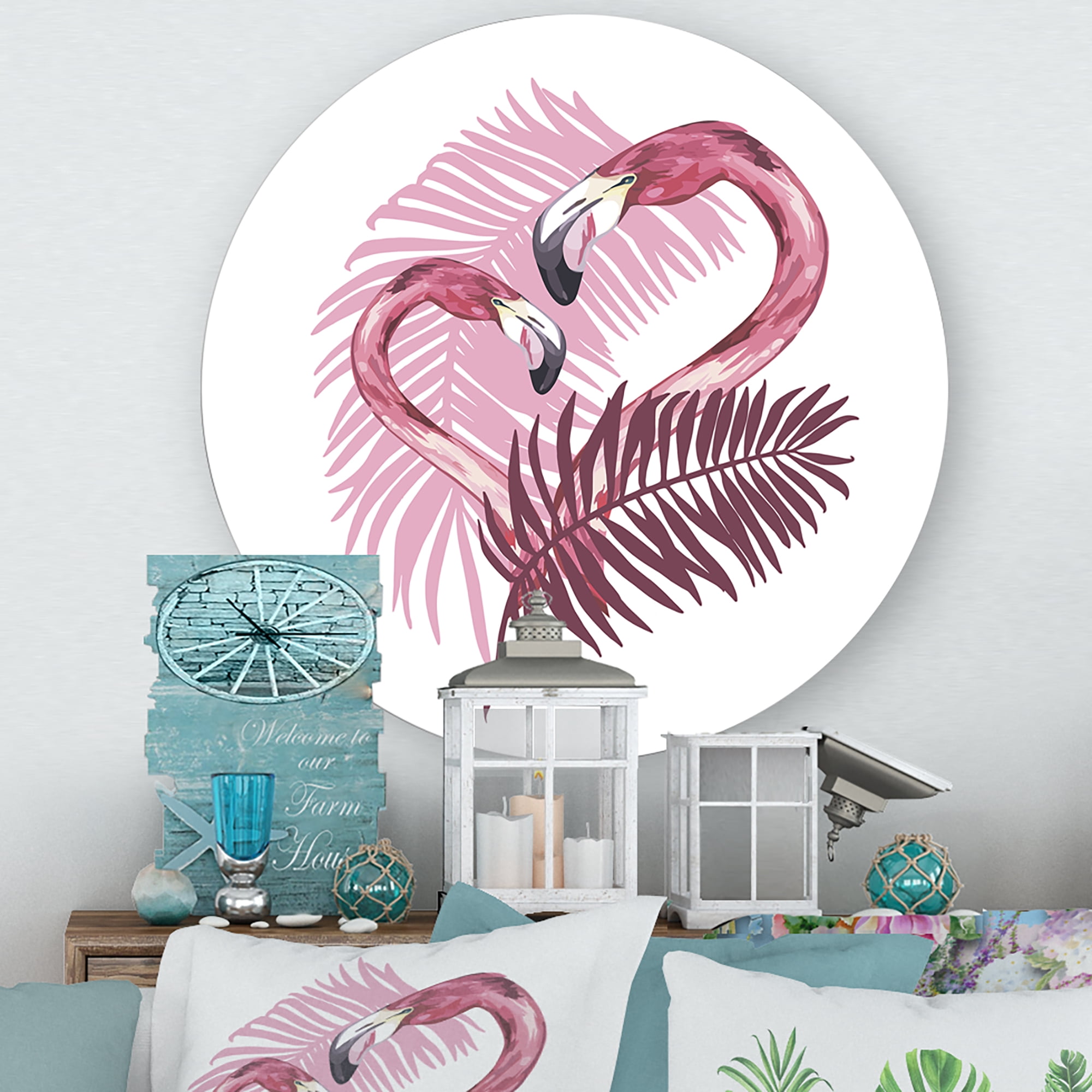 Designart 'Pink Flamingo In Tropical Summer II' Tropical Circle Metal Wall Art 11x11 - Disc of 11