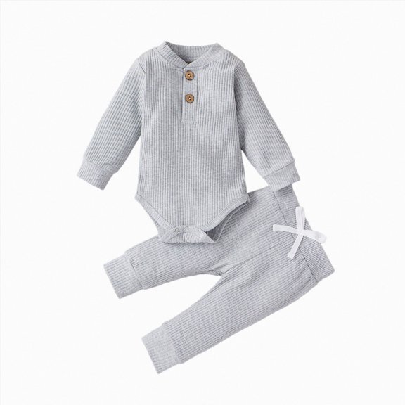Gerichy Newborn Baby Boy Outfit Solid Color Boy Long Sleeve Comfortable Romper with Pants Set 0 3 6 9 12 18 Months 2Pcs Fall Winter Clothes