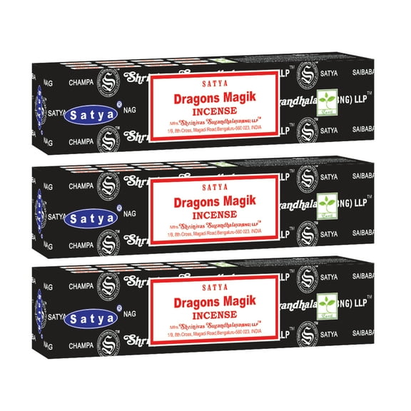 Satya 3 Pack of Nag Champa Incense Sticks Original Sai Baba | Hand Rolled in India for Cleansing, Relaxation Purification & Meditation (Dragons Magik)