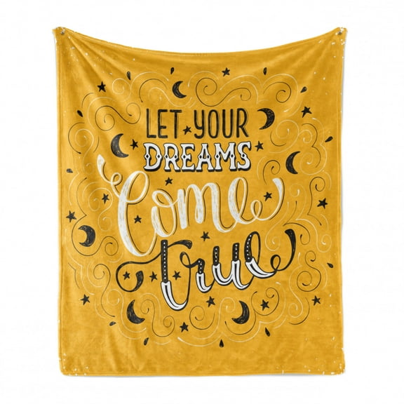 Saying Soft Flannel Fleece Throw Blanket, Lettering Let Your Dreams Come True Doodle Moon and Star, Cozy Plush for Indoor and Outdoor Use, 50" x 60", Earth Yellow Black White, by Ambesonne