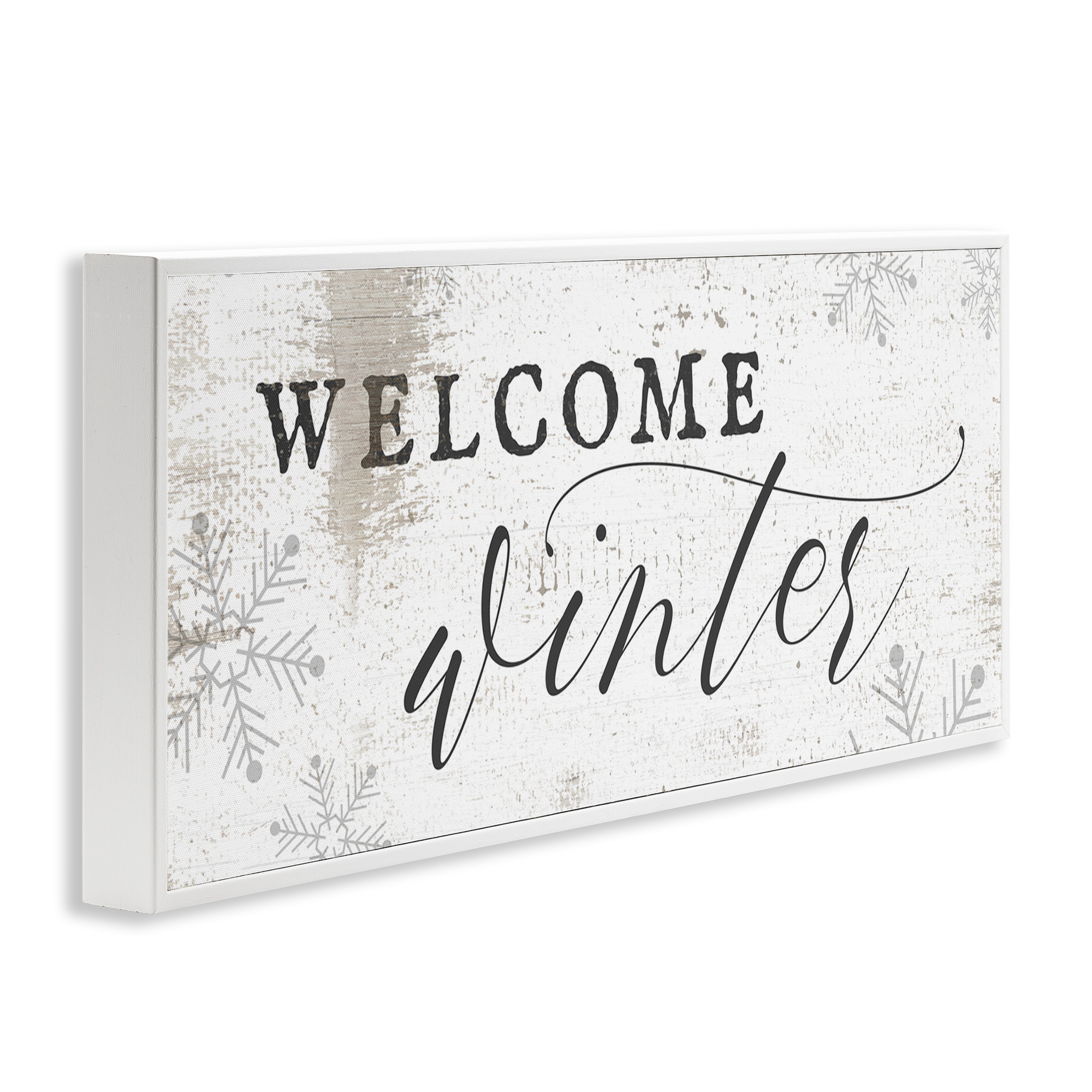 Stupell Industries Welcome Winter Snowflake Pattern Holiday Painting White Framed Art Print Wall Art, 24 x 10