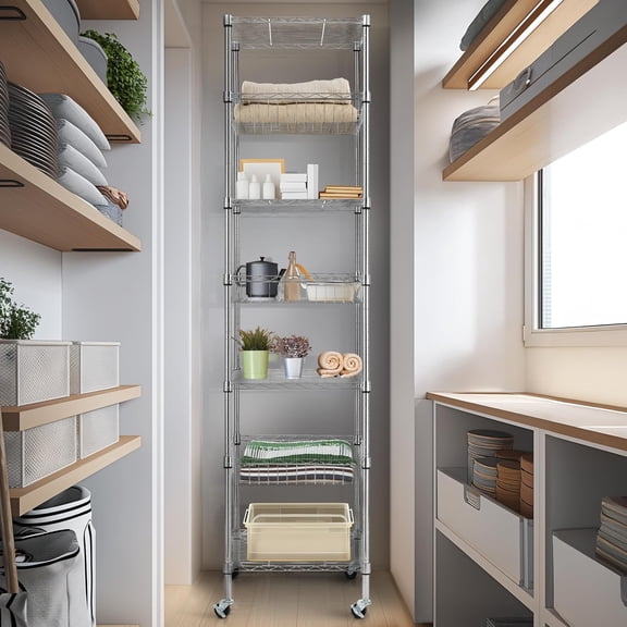 Heavy Duty 7 Tier Wire Shelving Unit with Wheels 18x18x78.8-inches 7 Shelves Metal Storage Rack Thicken Steel Tube, Adjustable Shelving Rack for Kitchen Bathroom Office, NSF Certified, Chrome