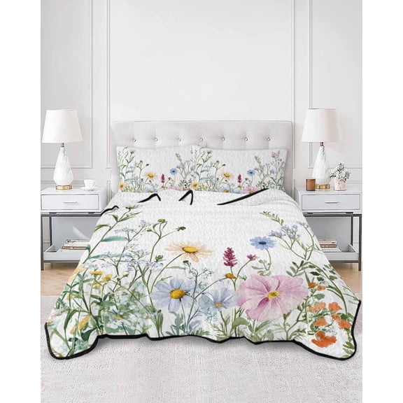 Quilts Full Size, Spring Floral Soft Comforter Bedding Set for Bed, Wildflowers Herbs Summer Botanical Lightweight Quilted Bedspread with Pillow Cover(2 Pieces) for All Season, 78x90 Inch