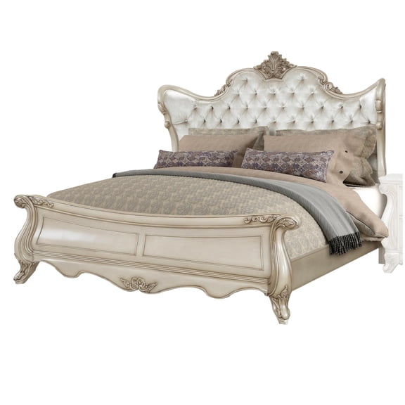 Queen Size Bed, Tufted Polyester Upholstery, Carved Wood, Champagne