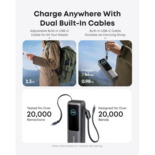 Anker Power Bank (25K, 165W, Built-in and Retractable Cables