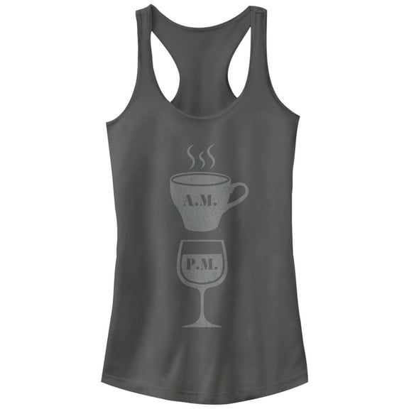 Junior's CHIN UP Coffee AM Wine PM Racerback Tank Top Charcoal X Large