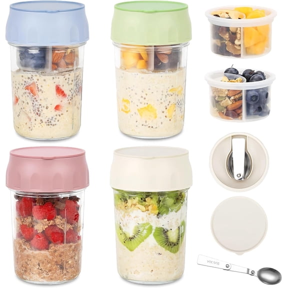 4 Pack Overnight Oats Jar Containers with Lids, Folding Spoons and Divided Compartments, Reusable 16oz Containers for Snack for Oatmeal, Chia Pudding, Yogurt, Salad(White/Green/Pink/Blue)