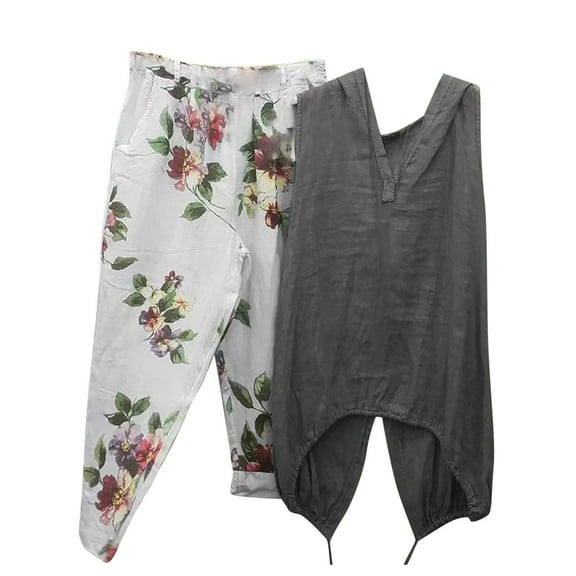 Herrnalise 2 Piece Outfits for Women Summer Drawstring Waist Sets Linen Sleeveless Crew Neck Tops Floral Print Elegant Loose Fit Pants Jumpsuit Romper With Pockets Gray