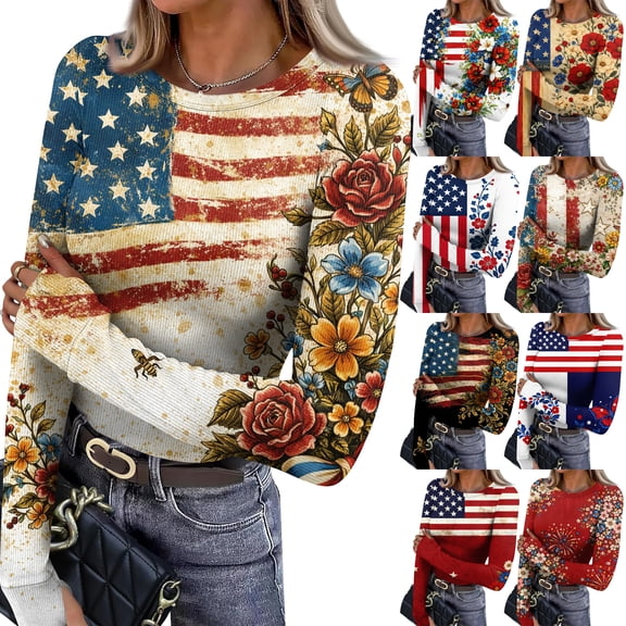 JoveMarine Women's Fitted Base Layer Long Sleeve T-Shirt Independence Day Printed Round Neck Top Patriotic Casual Blouse for Spring Fall Daily Layering Beige L
