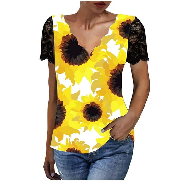Women Lace Short Sleeve Tops Scalloped V Neck Color Block Cute Summer Tshirts Floral Print Dressy Blouses (S, Yellow)