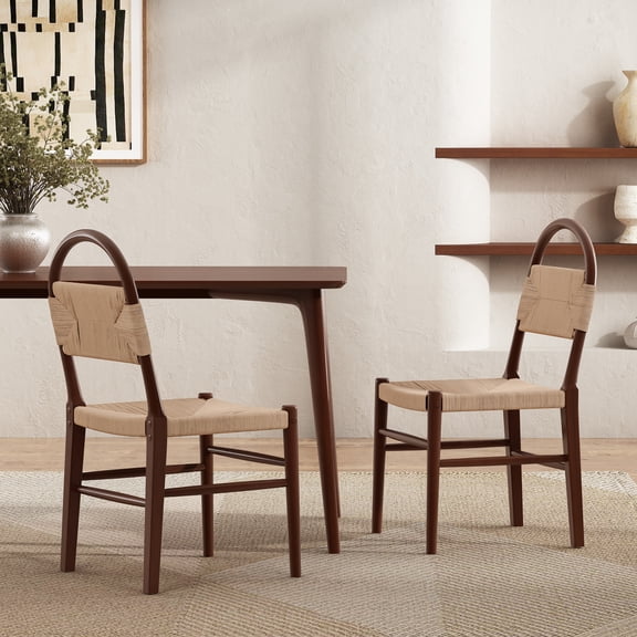 Christopher Knight Home Set of 2 Modern Woven Dining Chairs, Wooden Armless Side Chairs for Kitchen, Walnut