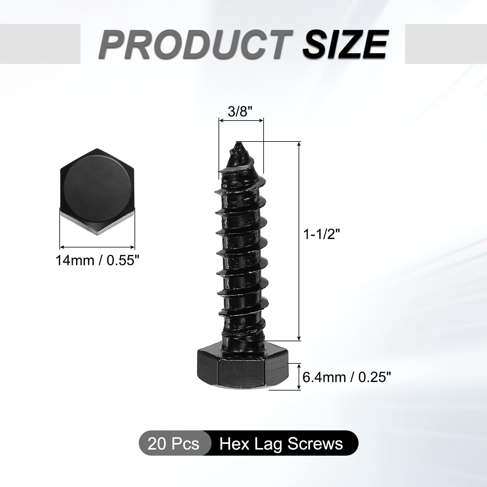 3/8" x 1-1/2" Hex Head Lag Screws Bolts, 20 Pack 304 Stainless Steel Hexagon Head Lag Bolt Wood Screws, Full Thread, Black Zinc Plating