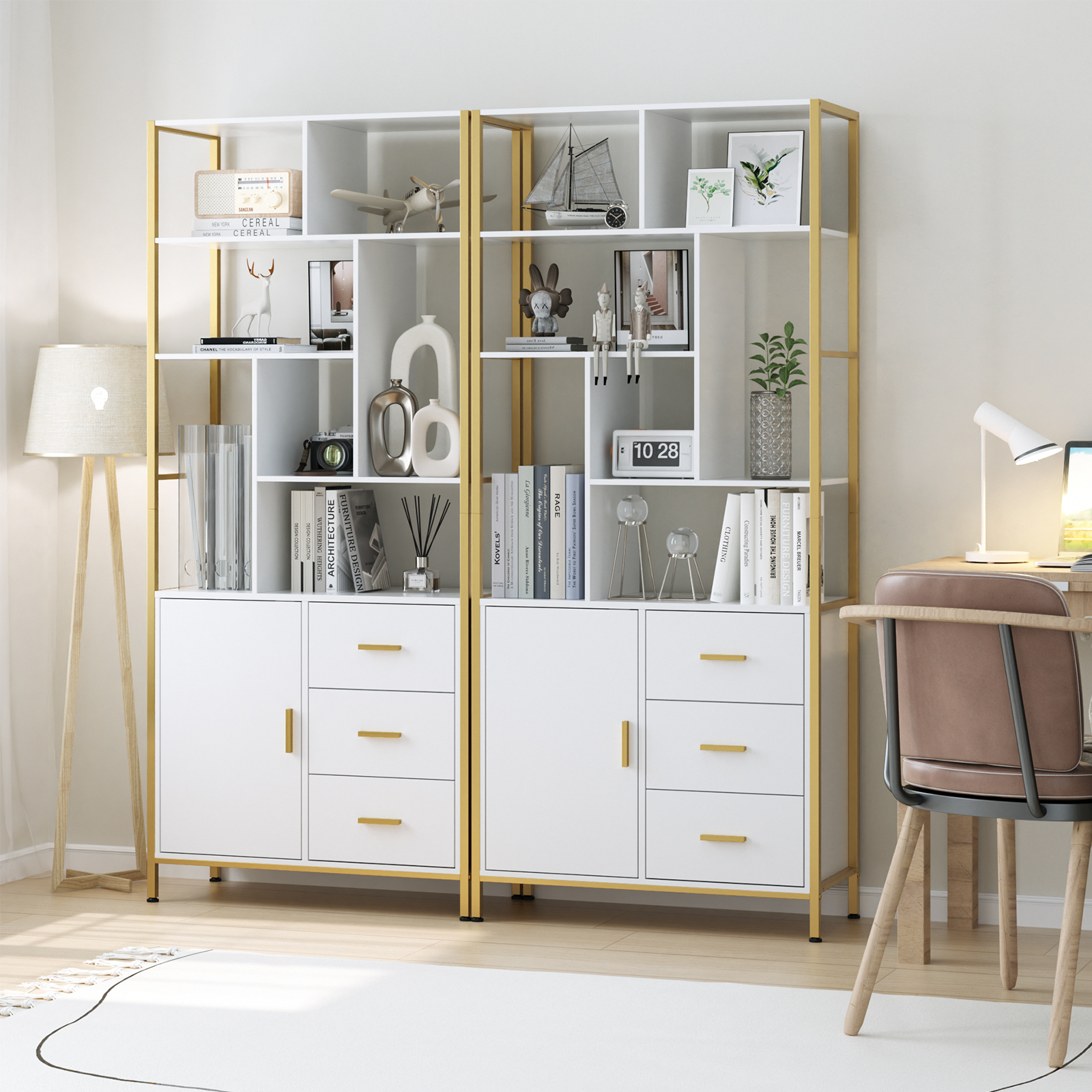 Homfa Solid Wood Bookshelf With Drawers & Gold Shelves, White 