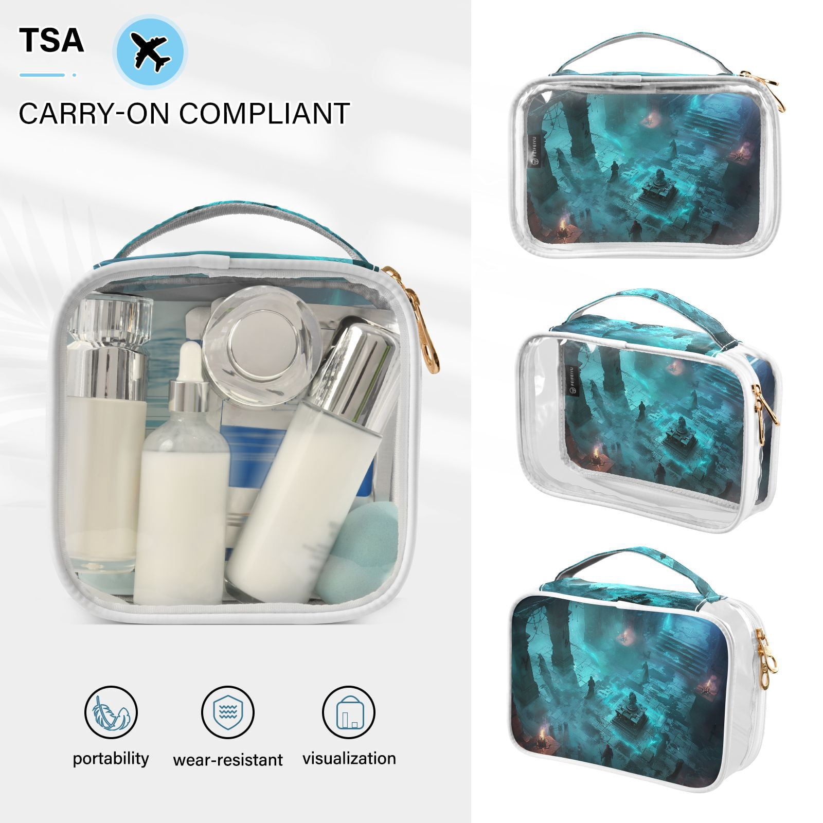 Clear Makeup Bags with Handle Large Opening 2 Pack Set Toiletry Bag Quart Size Bag, for Women Man Traveling Travel Essentials, Toiletries and Other. Game Graphic Capture
