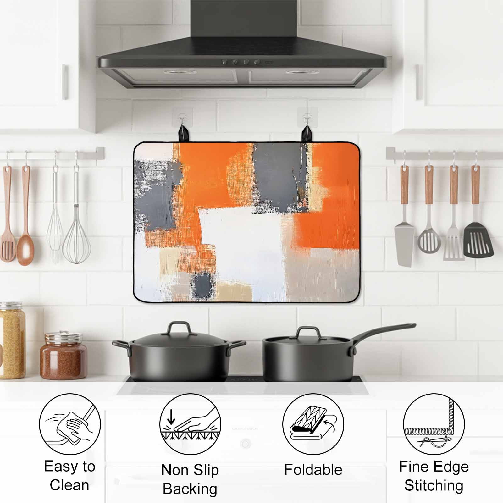 Burnt Orange Gray Stove Top Cover for Electric Stove, Heat-proof & Non Slip Glass Top Stove Cover Protector, Modern Abstract Oil Painted Geometric Kitchen Flat Cooktop Rubber Mat 24x21 Inches