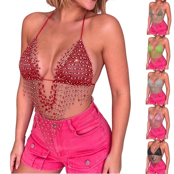 Miqool Women's Glitter Rhinestone Sequin Halter Tops Backless Sleeveless V Neck Asymmetrical Dance Bikini Bra Top Festival Rave Party Crop Tops