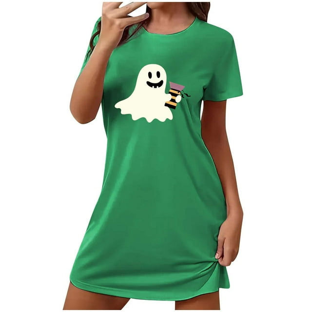 Sakmal Robe de Nuit Moomoo Confortable pour Femmes Verte comme un Nuage d'Halloween Grande Taille Robe Mumu Col Rond Courte Imprimé Fantôme Manches Courtes Robes de Nuit P-2TG