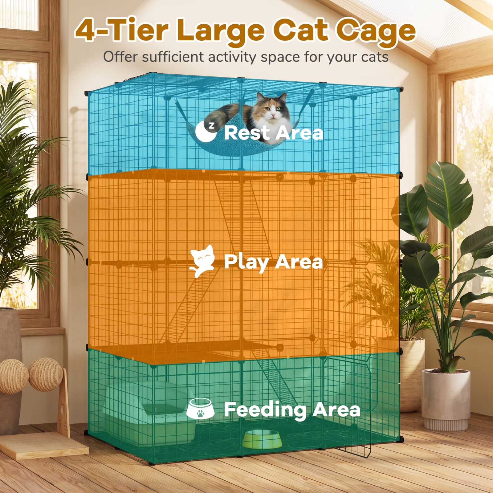 Vebreda Large 4-Tier Cat Cage with Skylight and Hammock for 1-4 Cats, Metal Wire Pet Playpen with Ladders, Lockable Doors and Anti-Tip Kit, Black