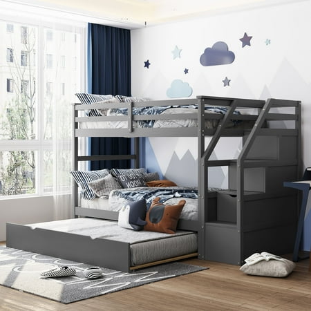 Solid Wood Bunk Bed with Trundle and Staircase for Bedroom Guests Room  Twin Over Twin Stairway Beds Frame with Safety Full Length Guardrail for Kids Toddlers and Teens  No Box Spring Required  Gray