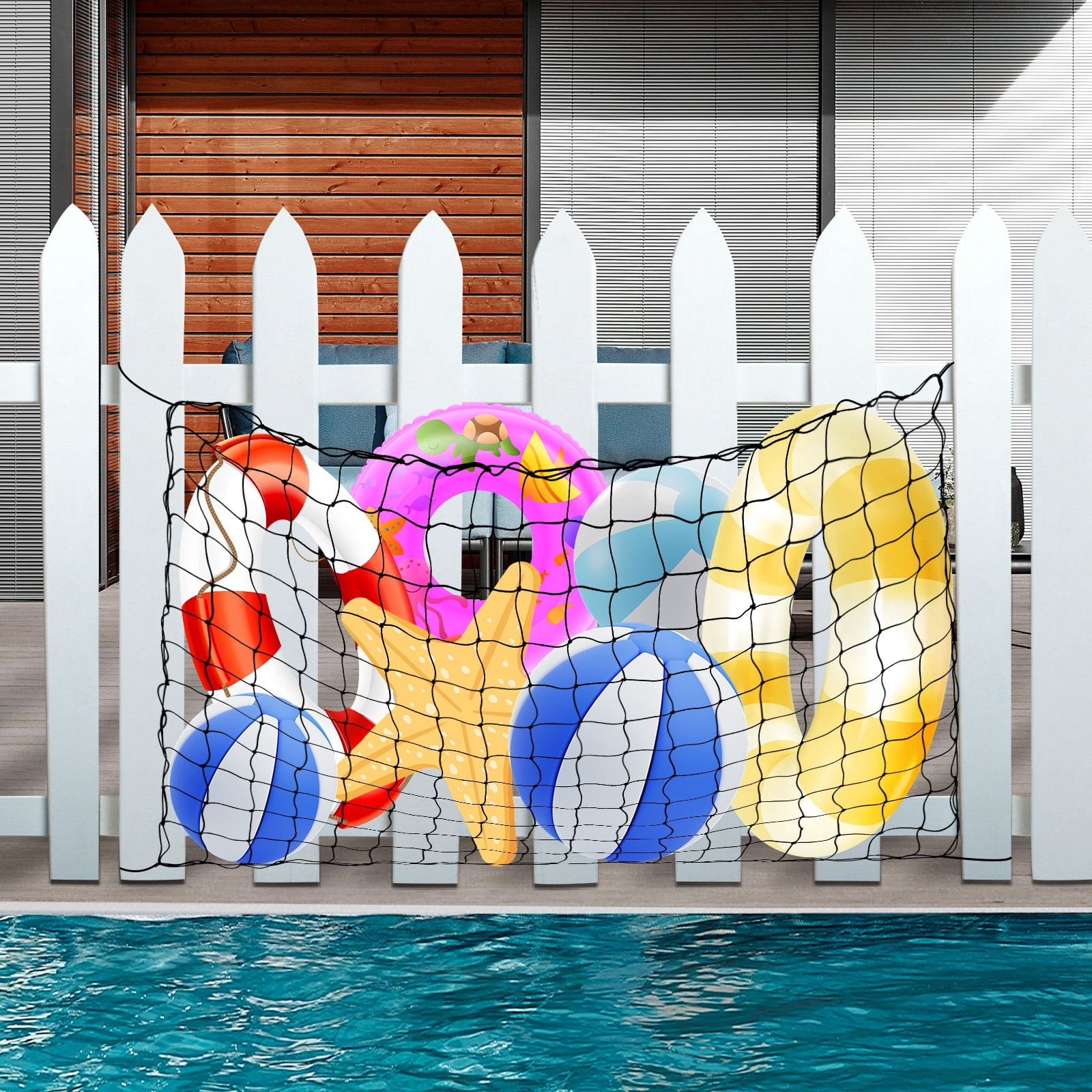 Grusce Pool Float Net Storage Bag, 71" x 45" Large Hanging Pool Toy Storage Mesh Net, Adjustable Poolside Fence Organizer for Swimming Ring Balls Inflatables with 10 Hooks & 10 Cable Ties