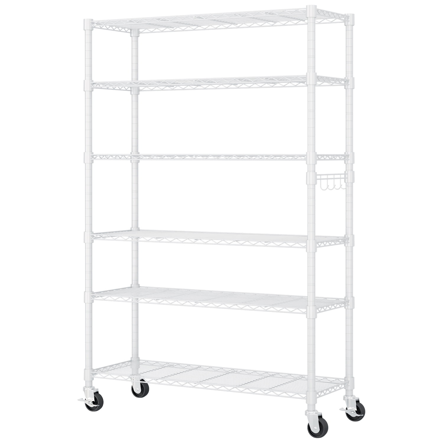 6-Tier Modular Adjustable Display Shelf White Iron Storage Rack with Side Hooks Locking Casters & Leveling Feet for Home Office Retail Garage