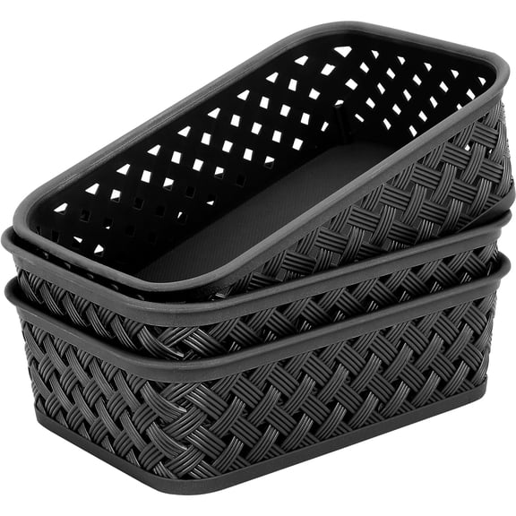 Organization and Storage 3 Packs, Plastic Bins Organizer Bins, Woven Baskets for Storage, Plastic Baskets with Handles, White Basket for Organizing, Basket Organizer for Home and Office, Small
