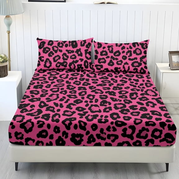 ZIATUBLES 3 Pcs Twin Size Sheet Set, Soft Comfort Bedding Sets with 1 Fitted Sheet and 2 Pillowcases, Cooling Cozy All-Season Bed Sheets, Pink Black Leopard Printed