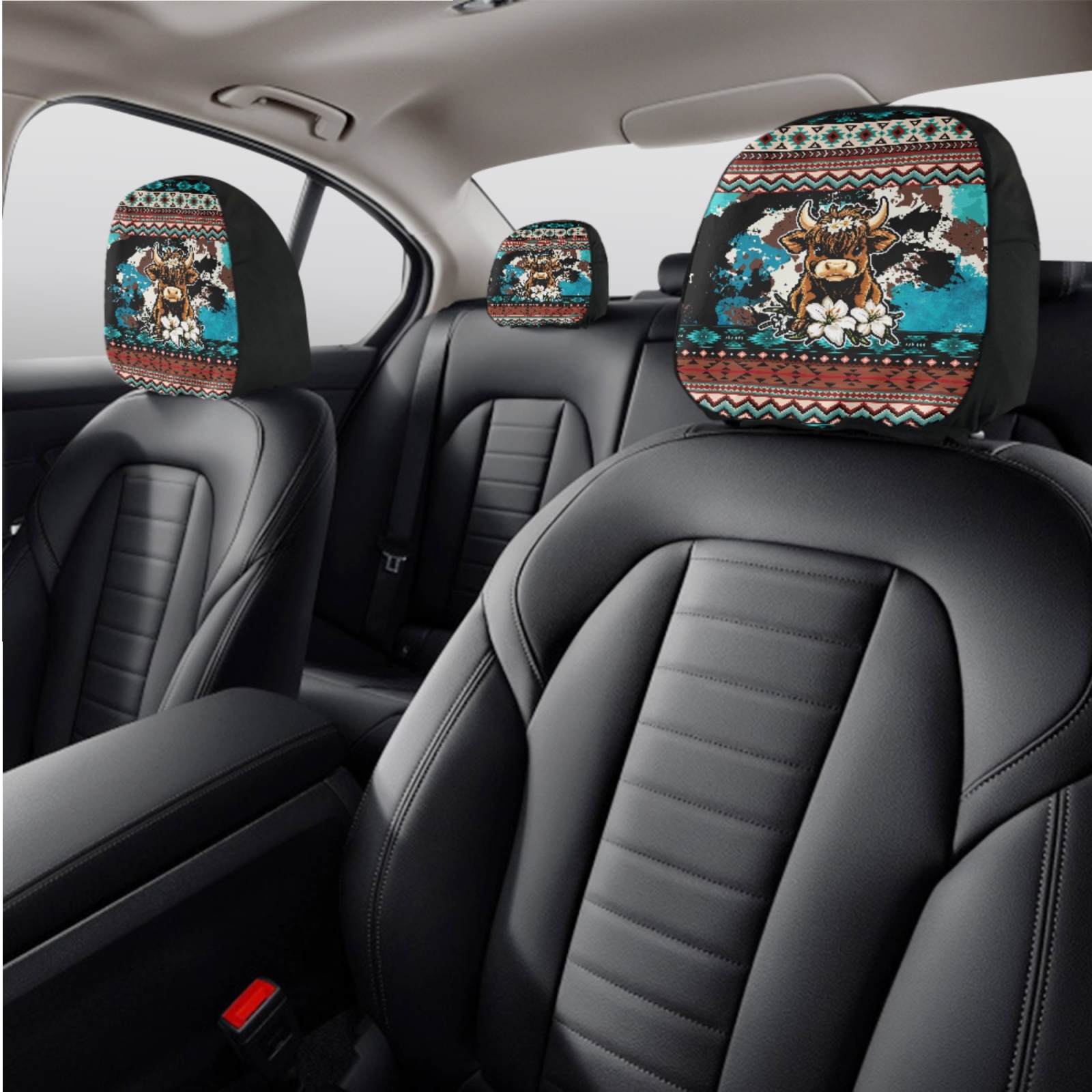 Renewold American Tribal Highland Cow Lily Car Seat Cover Full Set 11 Pack, with Steering Wheel Cover Coasters Gear Shift Knob Cover Handbrake Protector Headrest Protector Auto Decor Universal Fit