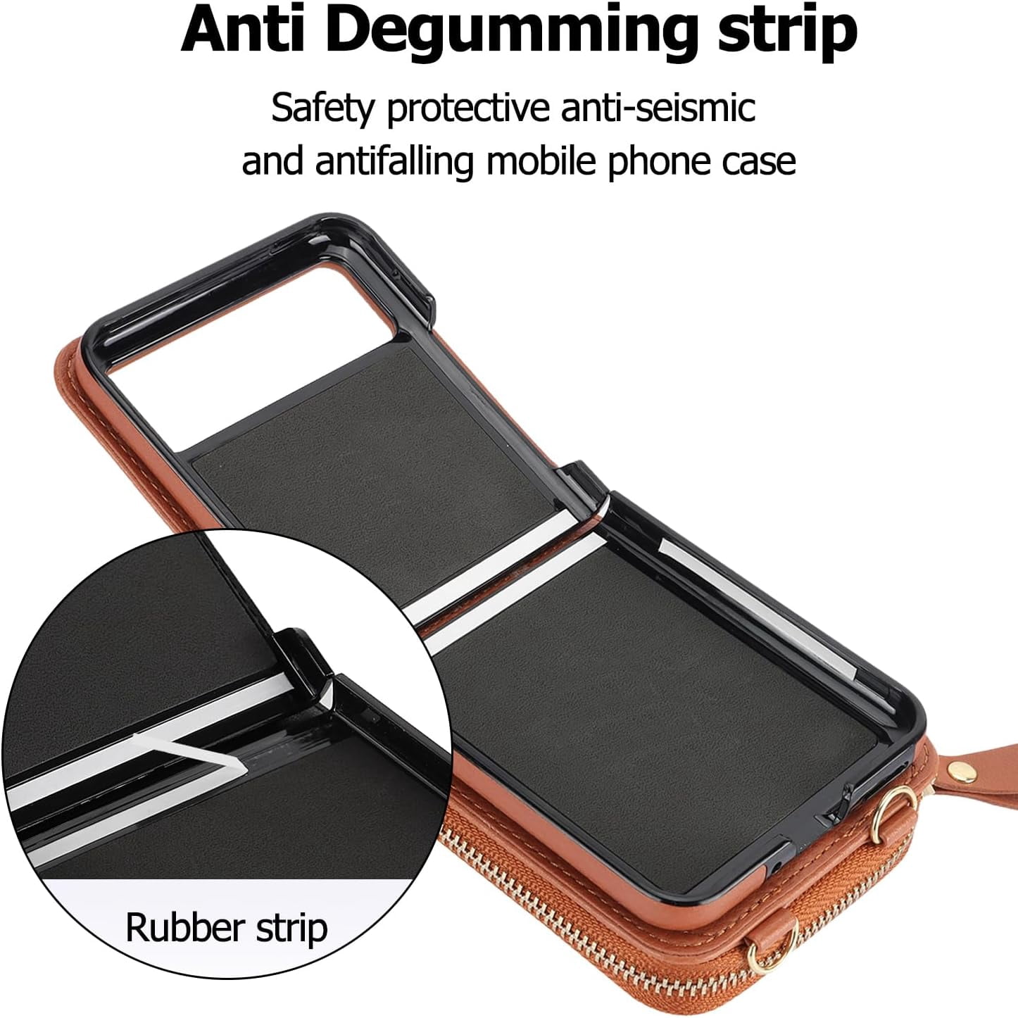 REQO Phone Case for Motorola Razr 40/Moto Razr 2023 Wallet Cover with Credit Card Holder Zipper Slot Shoulder Crossbody Strap Lanyard RFID Blocking Mobile TPU Cell Purse XT2323-6 Women Girls Brown