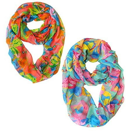 Painted Cherry Blossoms Peach Couture Paint The Town Red Cherry Blossom Floral Print Infinity loop Scarves 2 Pack Coral & Teal ()