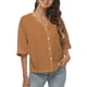 thumbnail image 1 of Mujeres Abajo Camisas De Lino Botón Delantero Manga Corta Blusa Con Cuello En V Color Puro Versión Suelta Marrón L, 1 of 5