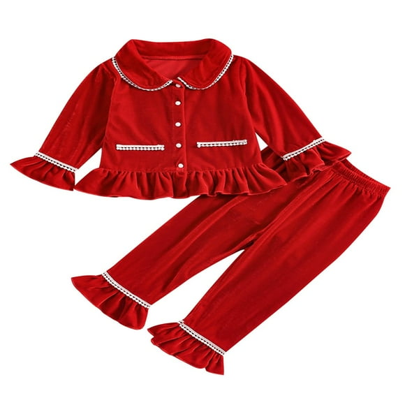 Pyjama de Noël pour Tout-Petit Bébé en Velours à Ourlet Volanté Rouge à Manches Longues en Dentelle Patchwork Chemise Boutonnée + Pantalon Doux Vêtement de Nuit Tenue d'Intérieur