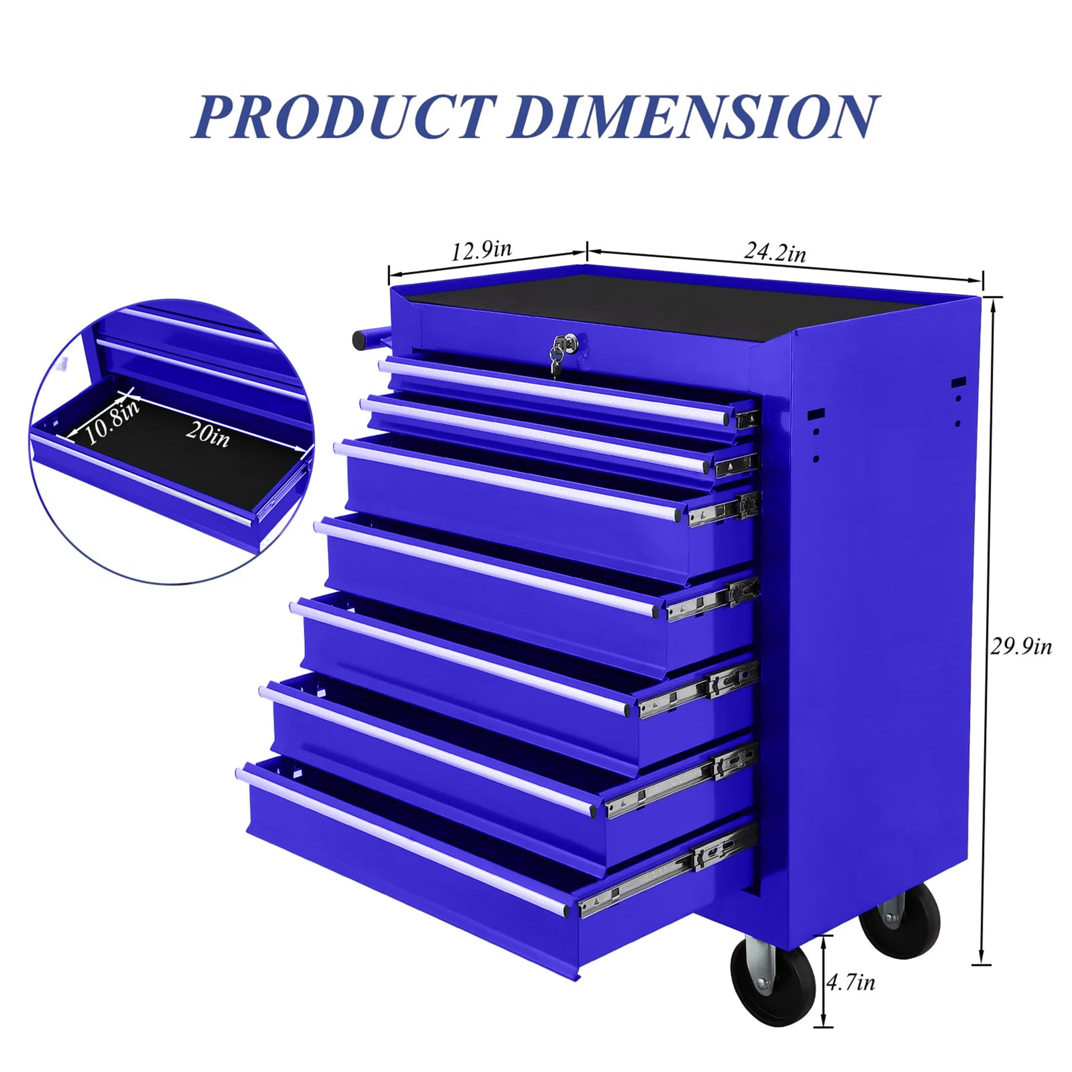 Aukfa Tool Chest, 24.5 in 7-Drawer Steel Rolling Tool Box on Wheels for Workshop Garage, Blue