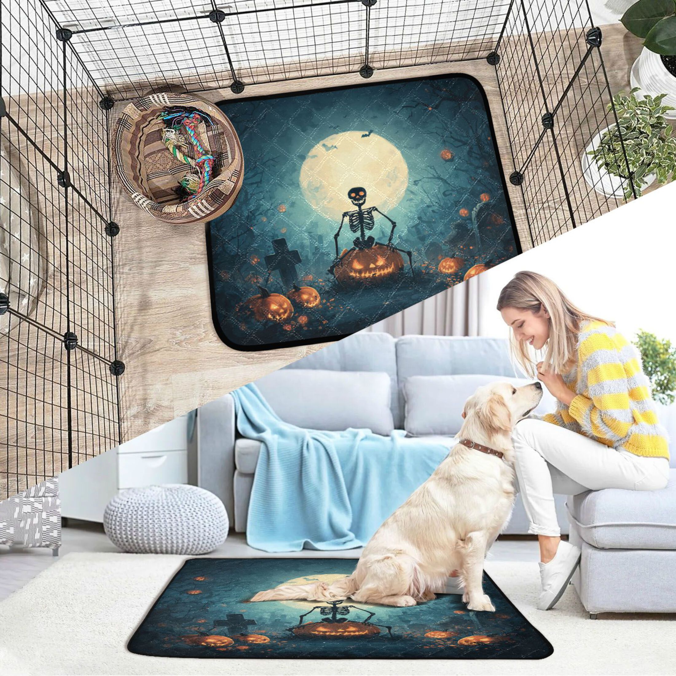 Qxltty Halloween Skull Theme Cat litter Pads Pet Set of 2 Diaper Mats Center Anti-leakage Layer Absorbent Soft and Comfortable