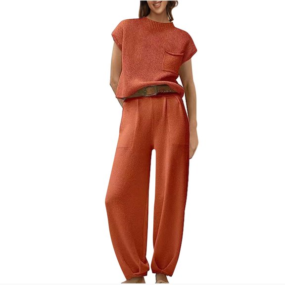 Inleife Two Piece Sets for Women Summer Women's Solid Color Short Sleeved Round Neck Pocket Top And Casual Pants Set Orange Sizes L