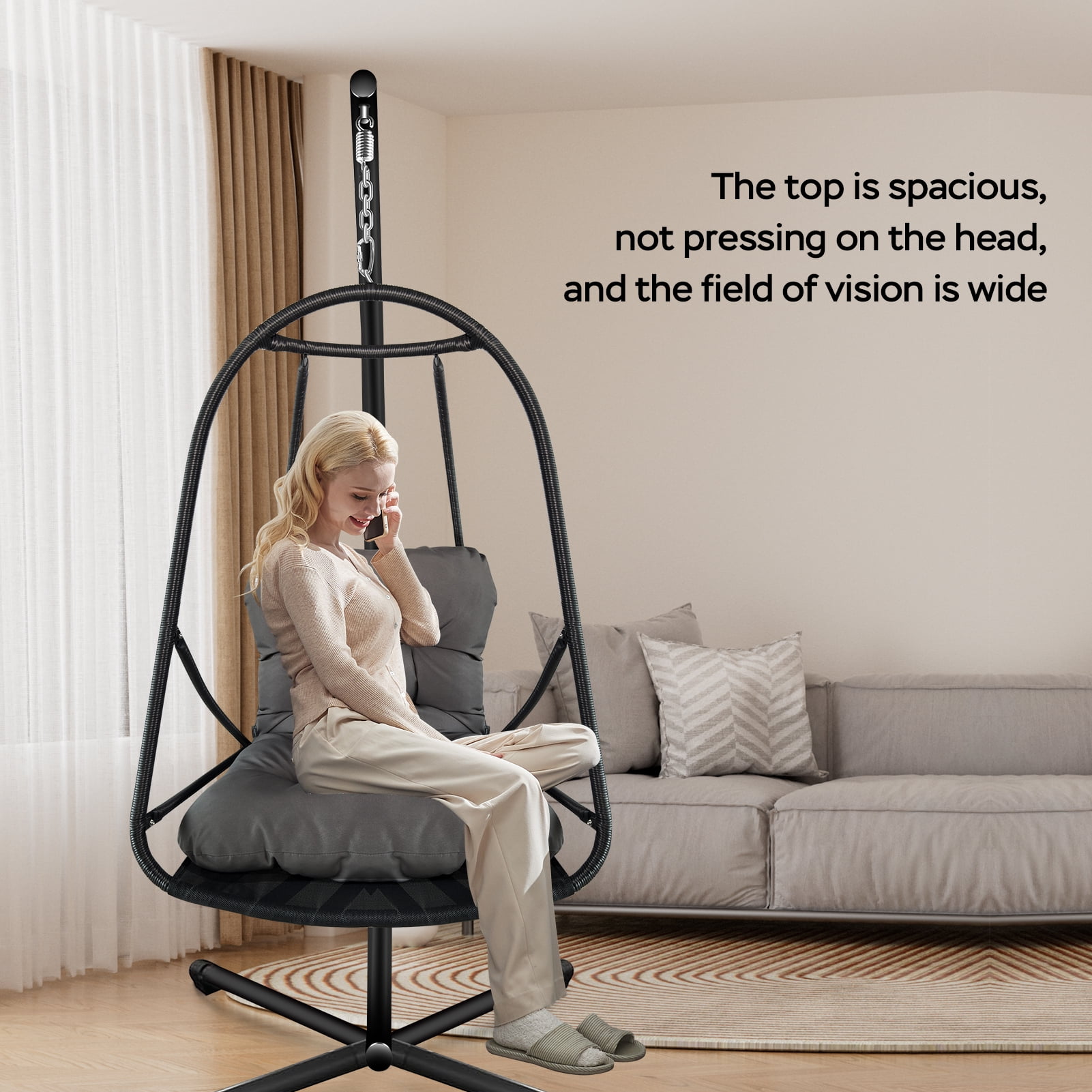 Swing Egg Chair with Stand, Wicker Rattan Hanging Chair with Cushion Pillow for Indoor Outdoor Patio Garden Balcony, Black Dark Brown