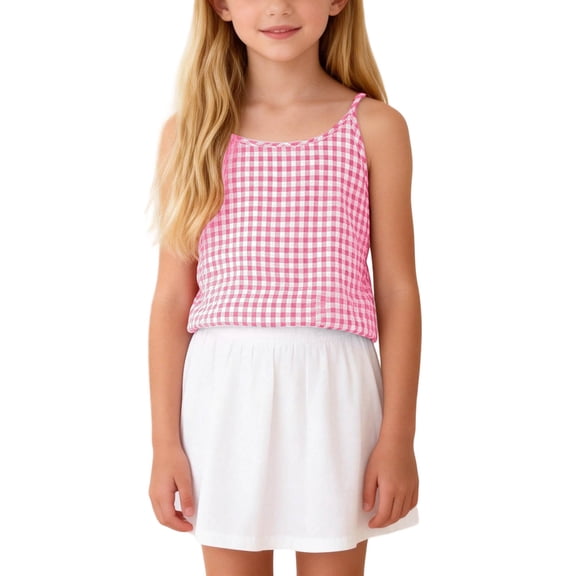 CCRFTGI Cute Tank Tops for Kids Girls 10-12 Sleeveless Summer Casual Girls Clothes Pink Plaid Camisole Tops Soft Lightweight Spaghetti Strap Crew Neck Tank Tops Pink 9-10 Years