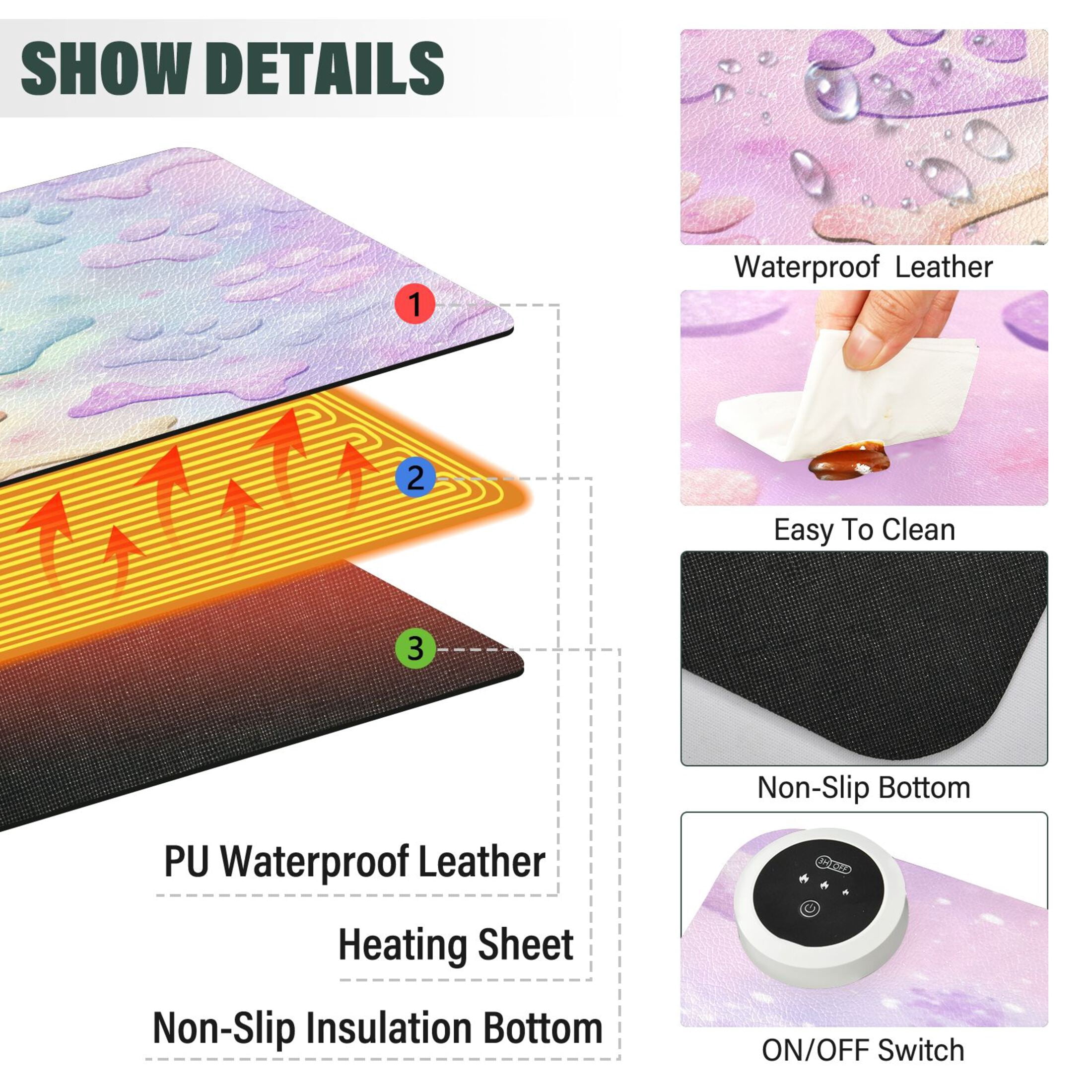 Large Heated Desk Mat Mouse Pad 31.5"x13"PU Leather Graphene Heating Desk Warmer with 3 Temperature Settings 110V US Plug Non-Slip Warm Pad for Home, Office, and Gaming Pastel Dog Bone Print