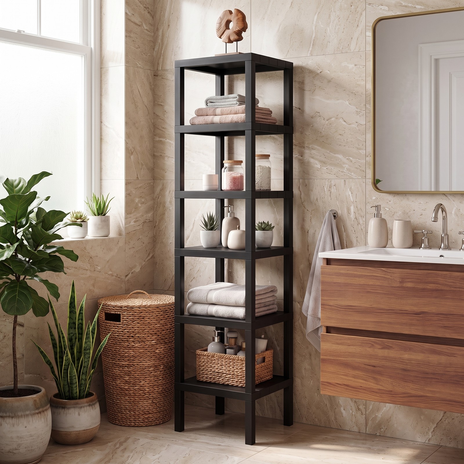 Biotree 6-Tier Plastic Modular Storage Shelves, Freestanding Open Shelving Rack Organizer for Living Room, Kitchen, Bathroom and Garage, Tool-Free Assembly, Black