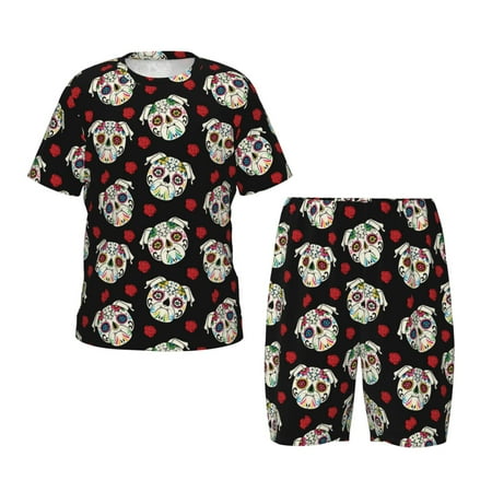 Luyuia colorful Skull dog flower Print Girls  2-Piece Tie-Dye Pajama Set  Cute Summer Loungewear with Shirt and Tank Shorts Nightwear-XX-Large