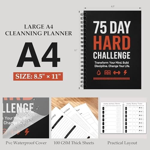 75 Day Hard Challenge Journal for Men or Women with PVC Cover – 75 Hard Challenge Book with Daily, Weekly, Monthly Planner & Wellness Trackers – 75 Challenge Planner Tracker for Fitness, Habits &