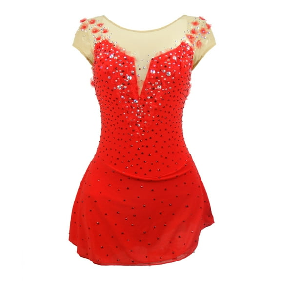 LIUHUO Customized Red Spandex Figure Skating Dress Girls Women V Neck with Flower Adorned Shoulders Rhinestone Embellished Skirt