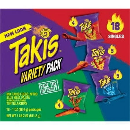 Takis 18 pk / 18 oz Bite Size Variety Pack, 1 oz Assorted Flavored Mixed Spicy Rolled Tortilla Chips