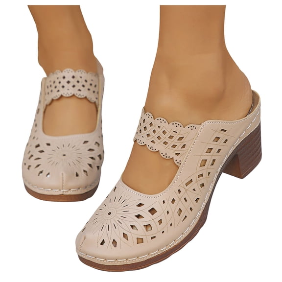 Rokment Vintage Closed Toe Clogs High Heels Mules Backless Sandals for Women Boho Beach Leather Hollow out Chunky Block Heeled Dress Half Slippers Summer Shoes Beige Size 6.5