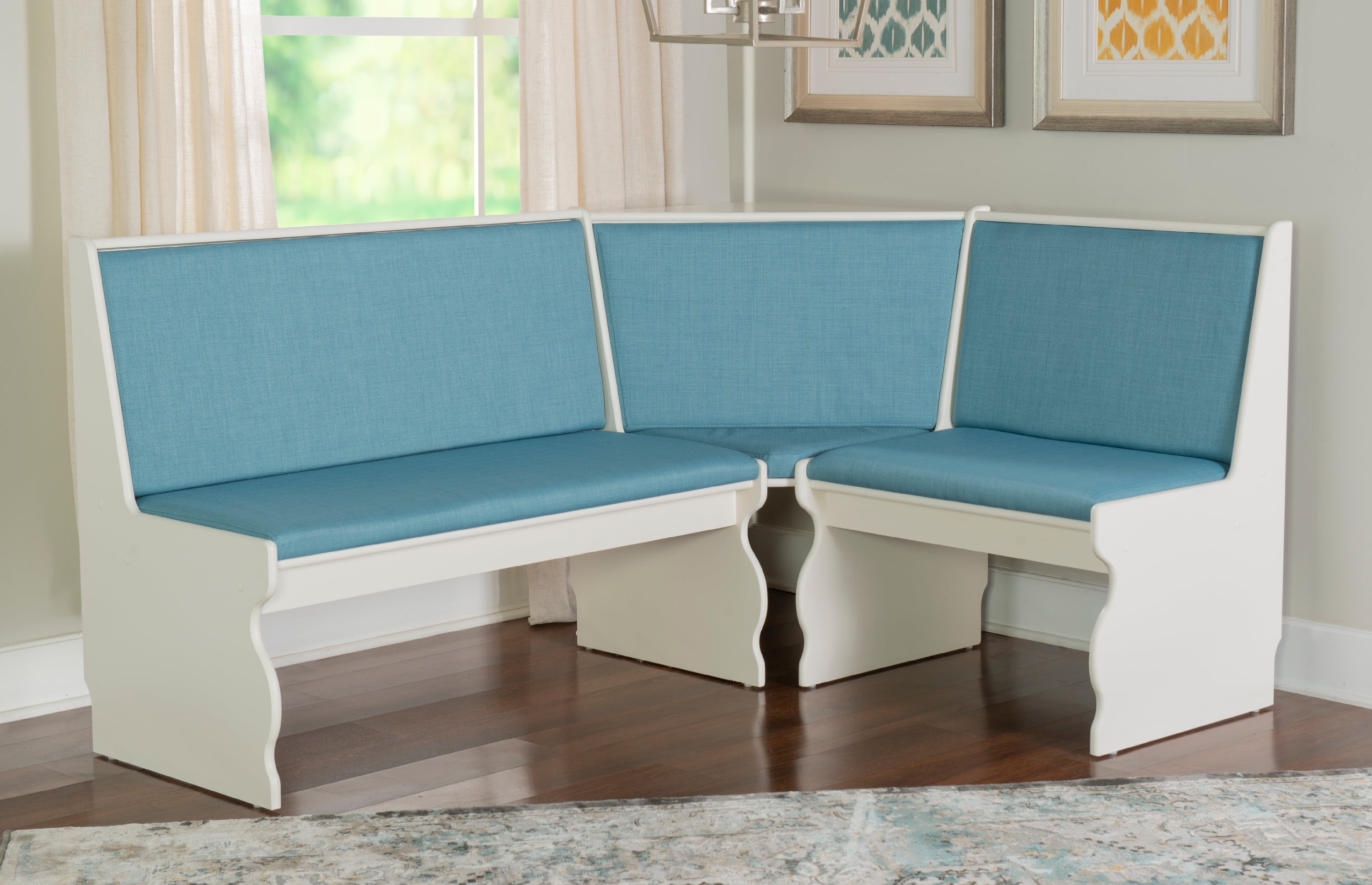 Linon Weston 3-Piece Farmhouse Indoor Corner Dining Nook with 5-Piece Cushion Set, White/Capri Blue
