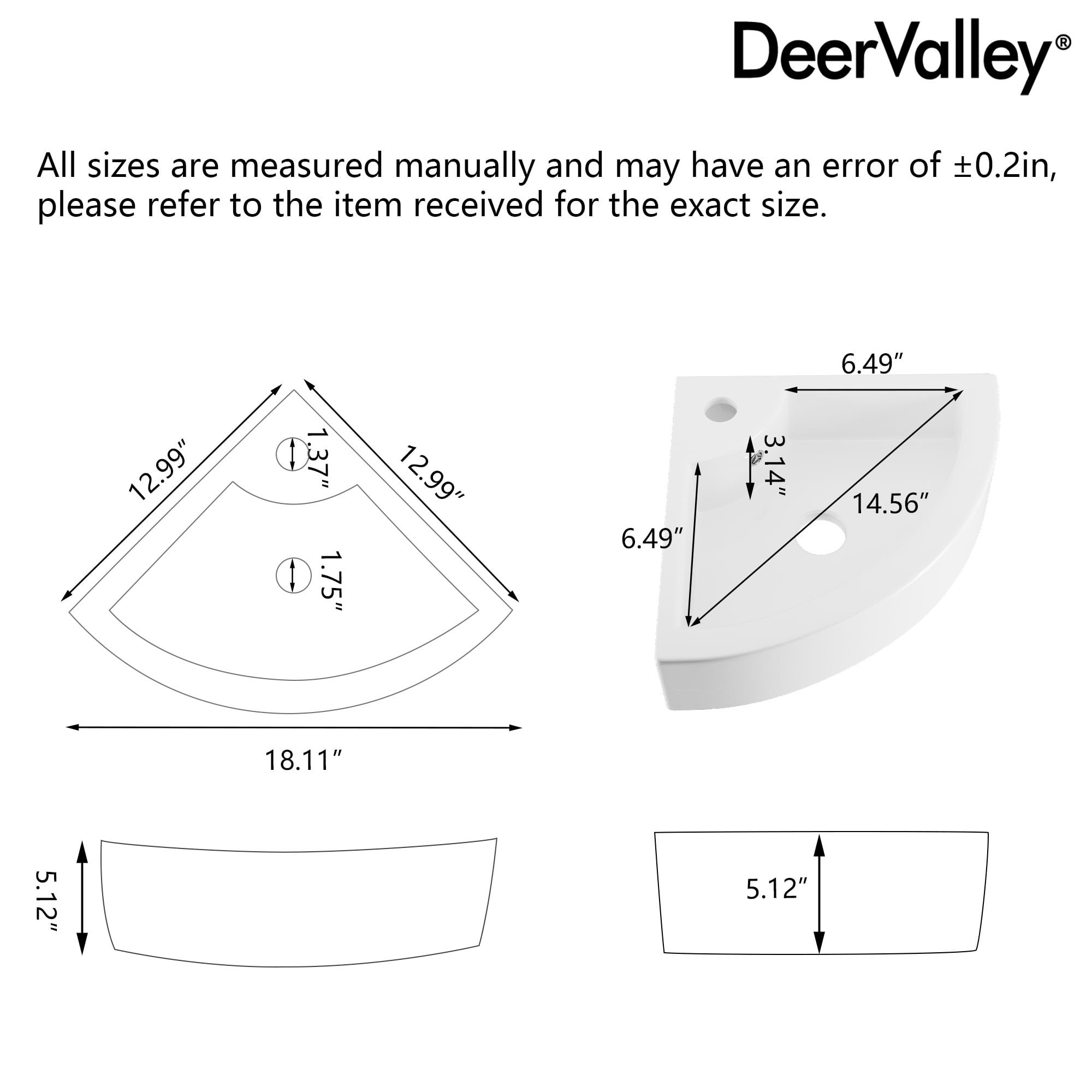 DV-1V0222 DeerValley 18" x 13''White Ceramic Specialty Wall Mount Bathroom Sink with Faucet Hole and Overflow