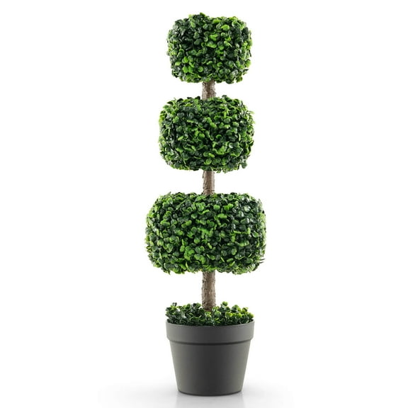 Gymax 35'' Artificial Boxwood Topiary Tree Faux Greenery Plant Fake Tree for Decoration